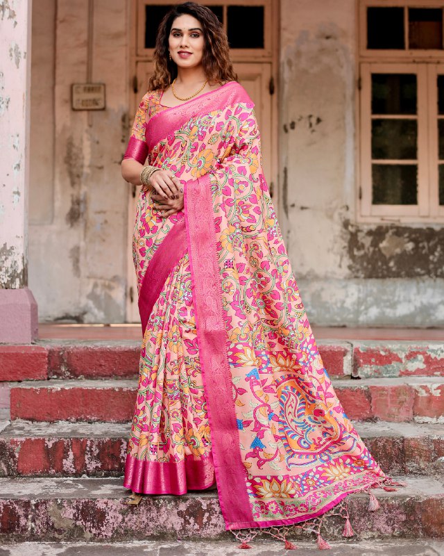 PURE SILK DIGITALLY PRINTED SAREE WEAVED WITH GOLDEN ZARI COMES WITH TASSELS