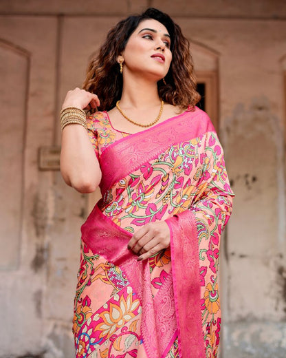 PURE SILK DIGITALLY PRINTED SAREE WEAVED WITH GOLDEN ZARI COMES WITH TASSELS