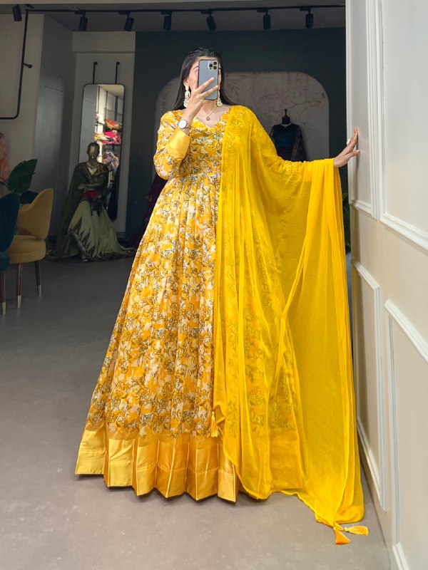 Yellow Color Print With Foil Tussar Silk Dress