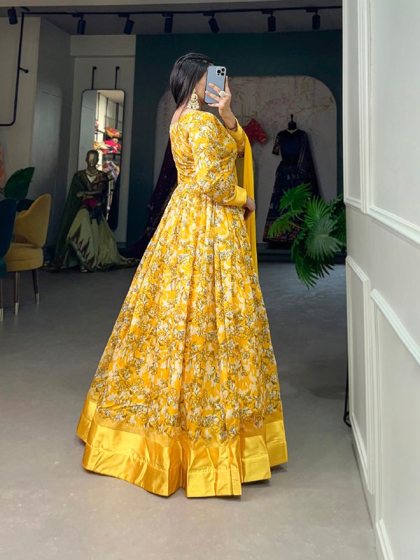 Yellow Color Print With Foil Tussar Silk Dress