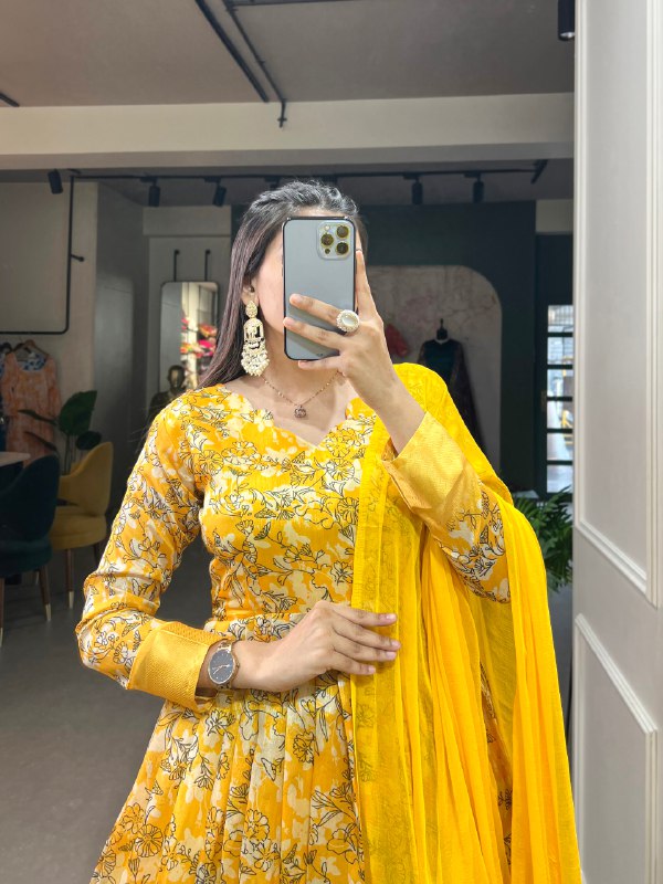 Yellow Color Print With Foil Tussar Silk Dress