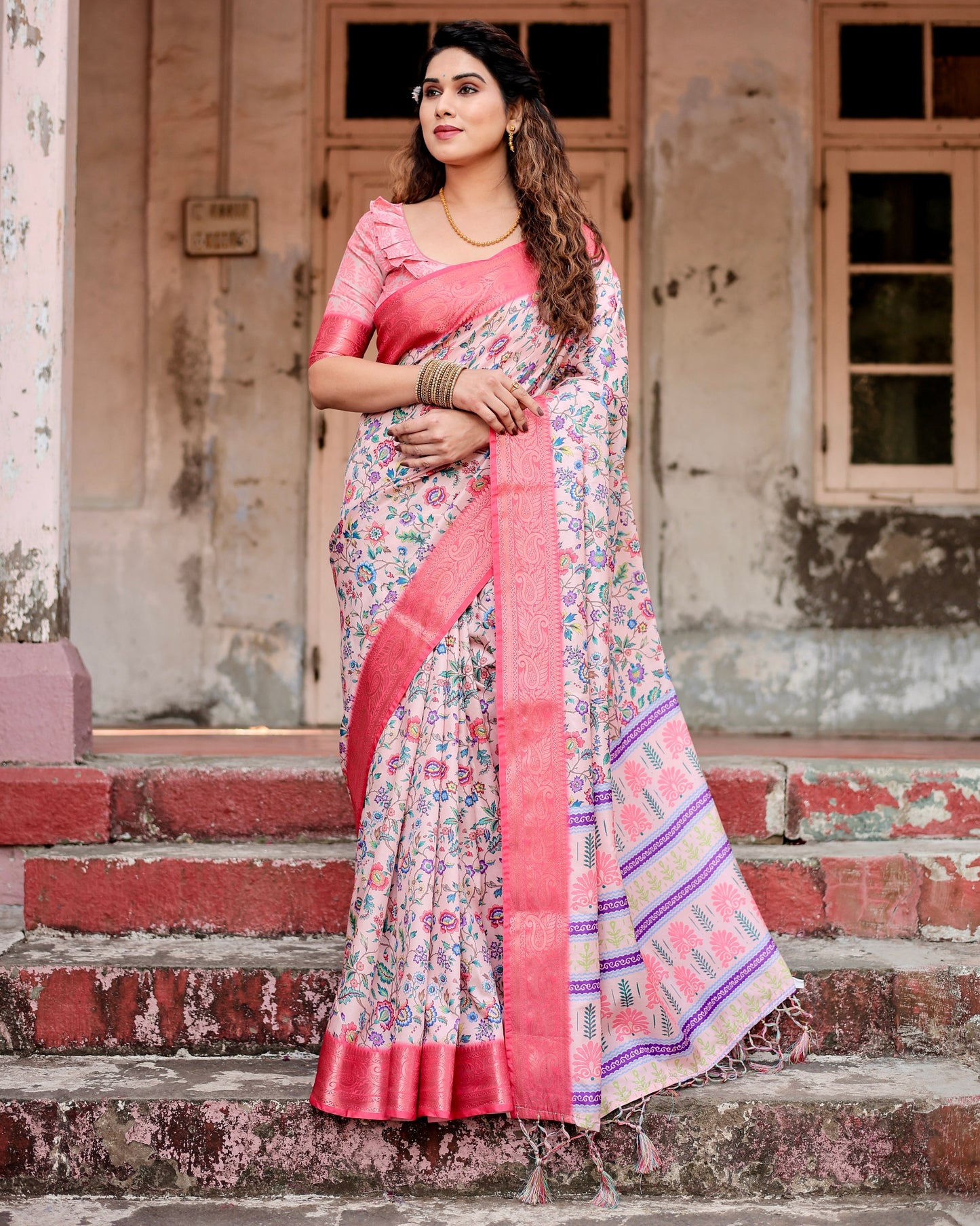 PURE SILK DIGITALLY PRINTED SAREE WEAVED WITH GOLDEN ZARI COMES WITH TASSELS