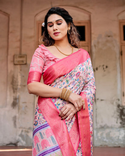 PURE SILK DIGITALLY PRINTED SAREE WEAVED WITH GOLDEN ZARI COMES WITH TASSELS