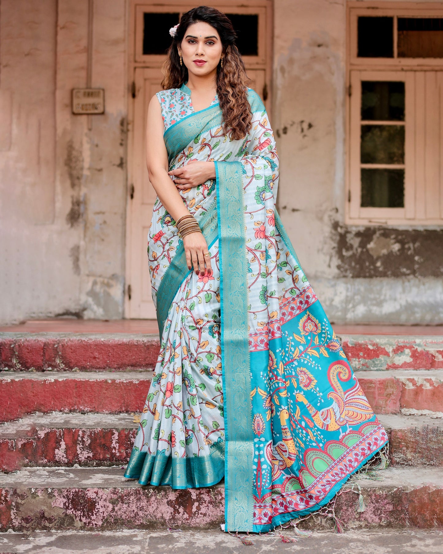 PURE SILK DIGITALLY PRINTED SAREE WEAVED WITH GOLDEN ZARI COMES WITH TASSELS