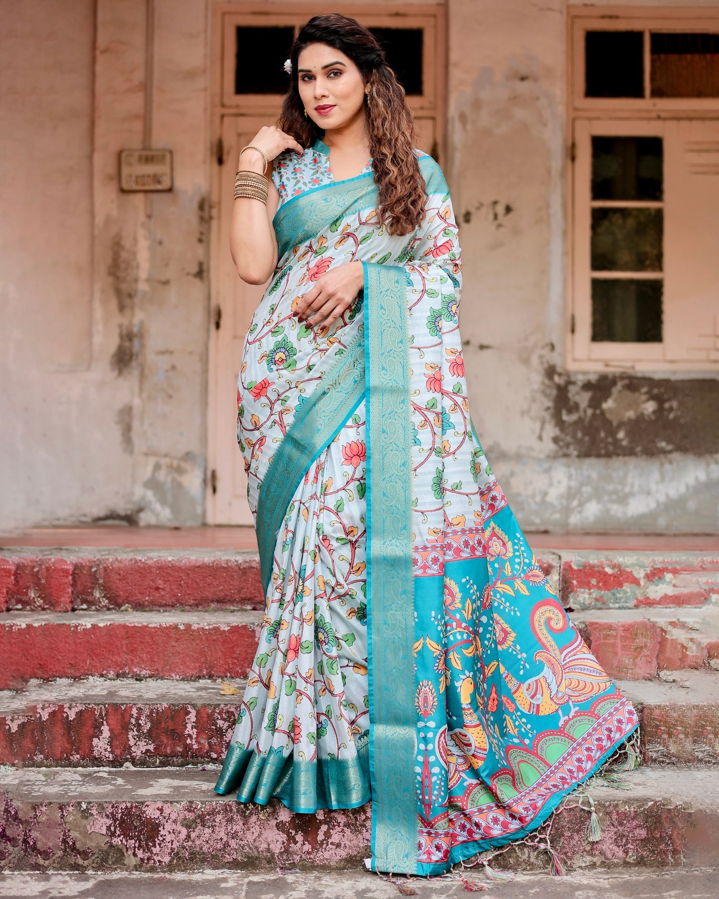 PURE SILK DIGITALLY PRINTED SAREE WEAVED WITH GOLDEN ZARI COMES WITH TASSELS