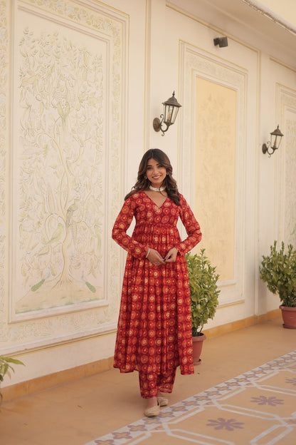 Red Fancy V Neck Faux Georgette With Foil Print Suit