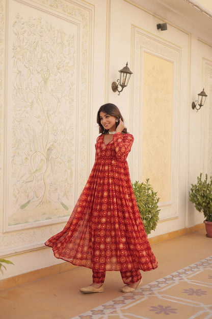 Red Fancy V Neck Faux Georgette With Foil Print Suit