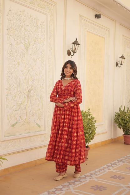 Red Fancy V Neck Faux Georgette With Foil Print Suit