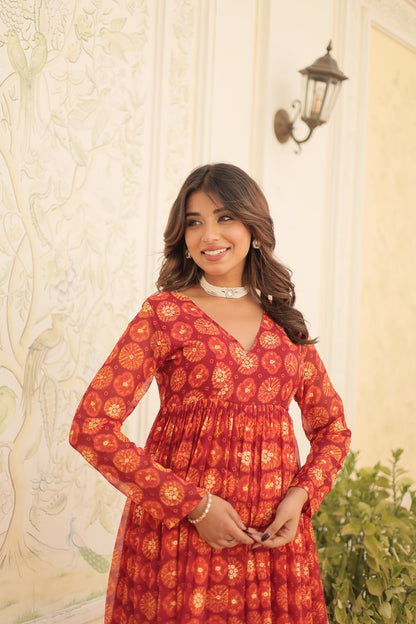 Red Fancy V Neck Faux Georgette With Foil Print Suit