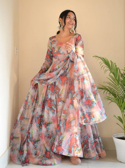 Organza Taby Silk With Digital Print Gown With Dupatta