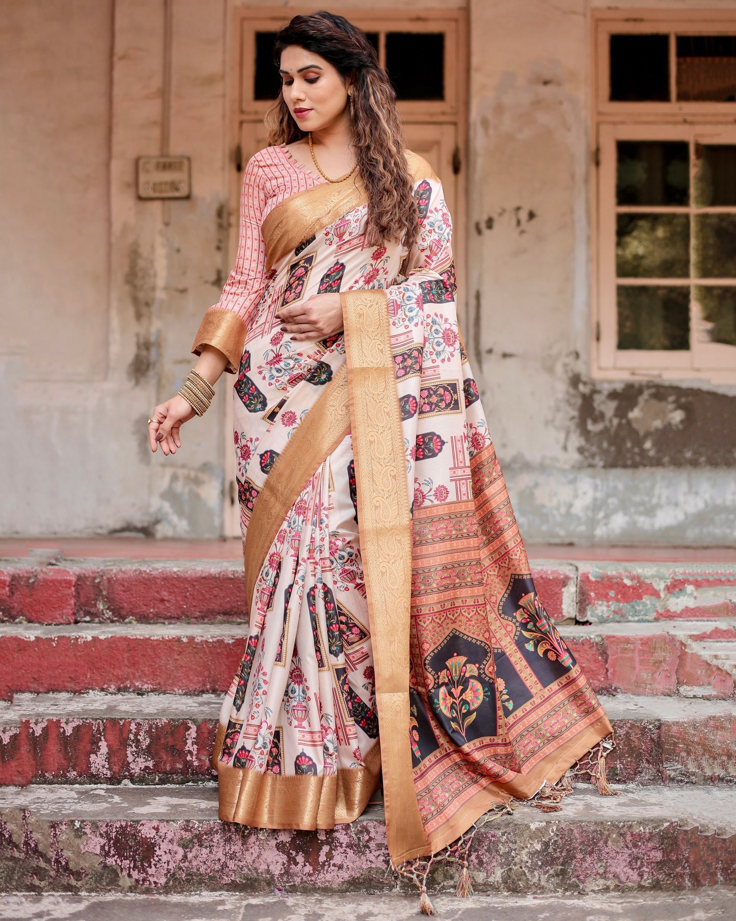 PURE SILK DIGITALLY PRINTED SAREE WEAVED WITH GOLDEN ZARI COMES WITH TASSELS