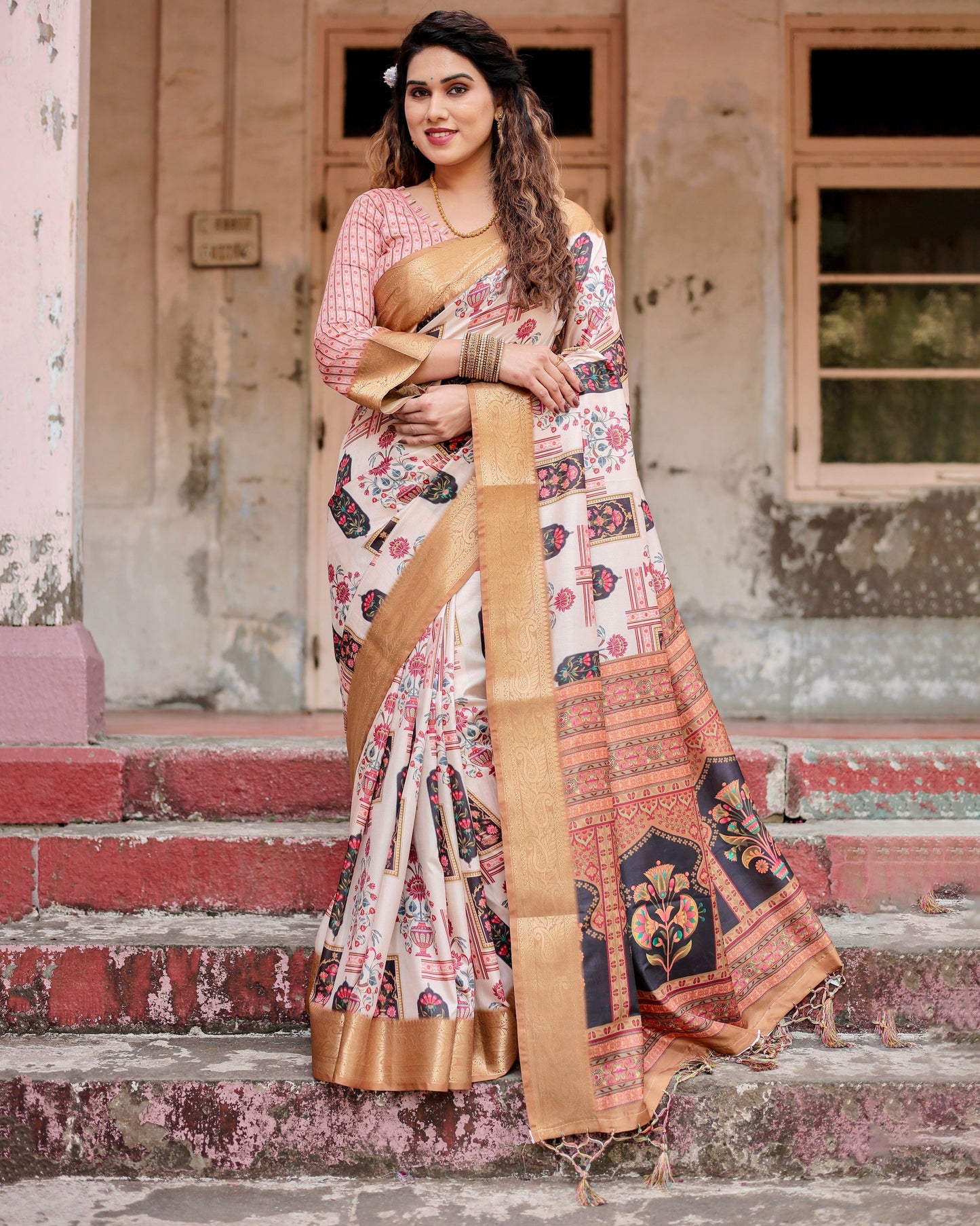 PURE SILK DIGITALLY PRINTED SAREE WEAVED WITH GOLDEN ZARI COMES WITH TASSELS