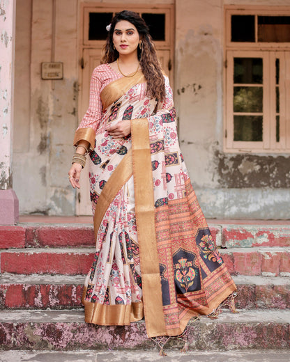 PURE SILK DIGITALLY PRINTED SAREE WEAVED WITH GOLDEN ZARI COMES WITH TASSELS