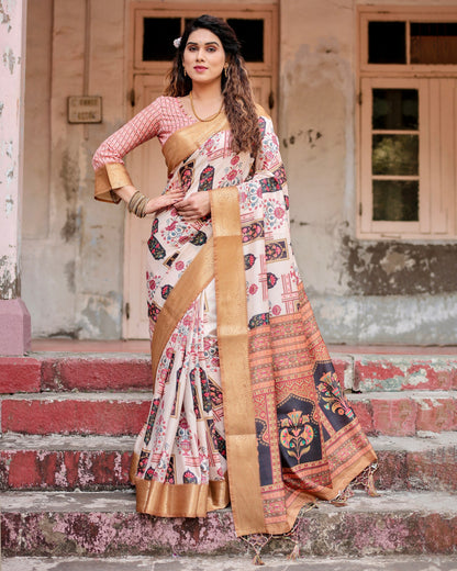 PURE SILK DIGITALLY PRINTED SAREE WEAVED WITH GOLDEN ZARI COMES WITH TASSELS