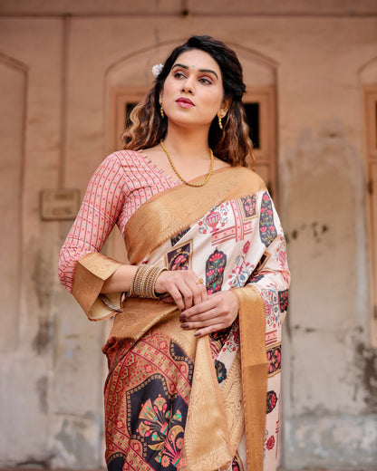 PURE SILK DIGITALLY PRINTED SAREE WEAVED WITH GOLDEN ZARI COMES WITH TASSELS