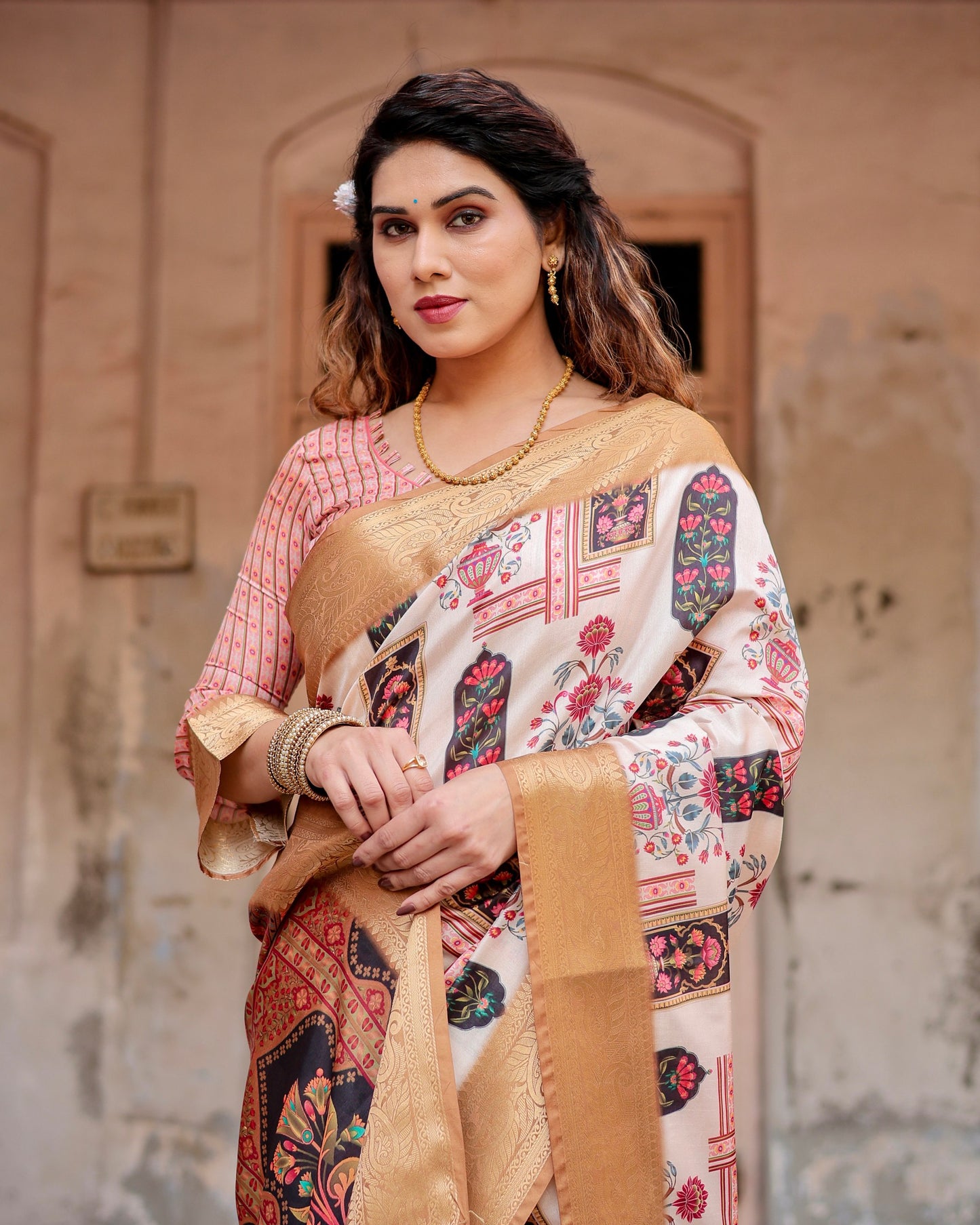 PURE SILK DIGITALLY PRINTED SAREE WEAVED WITH GOLDEN ZARI COMES WITH TASSELS