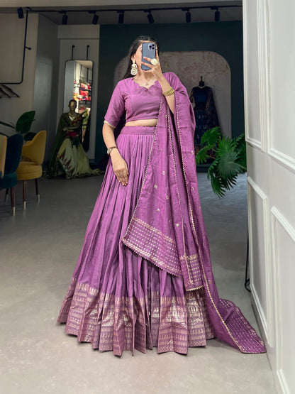 Purple Color Plain With Zari Weaving Work Border Chanderi Traditional Wear Lehenga Choli