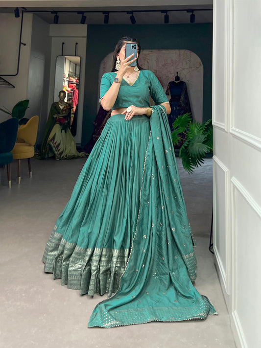 See Green Color Plain With Zari Weaving Work Border Chanderi Wedding Lehenga Choli