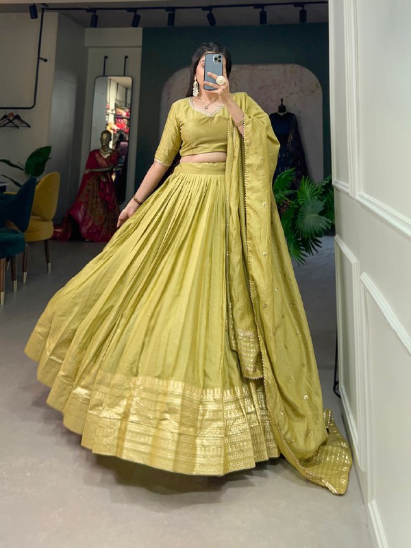 Pista Color Plain With Zari Weaving Work Border Chanderi Women Lehenga Choli