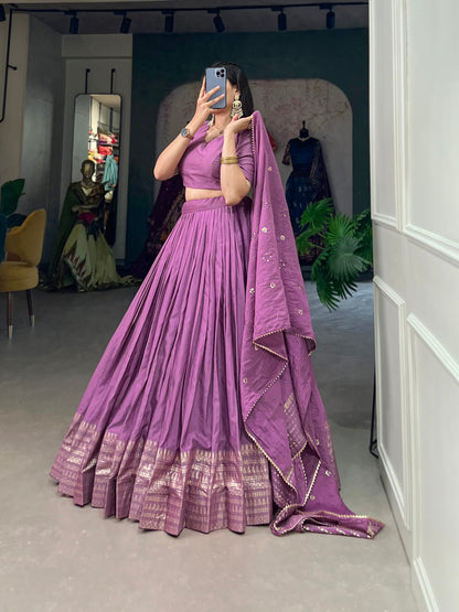 Purple Color Plain With Zari Weaving Work Border Chanderi Traditional Wear Lehenga Choli