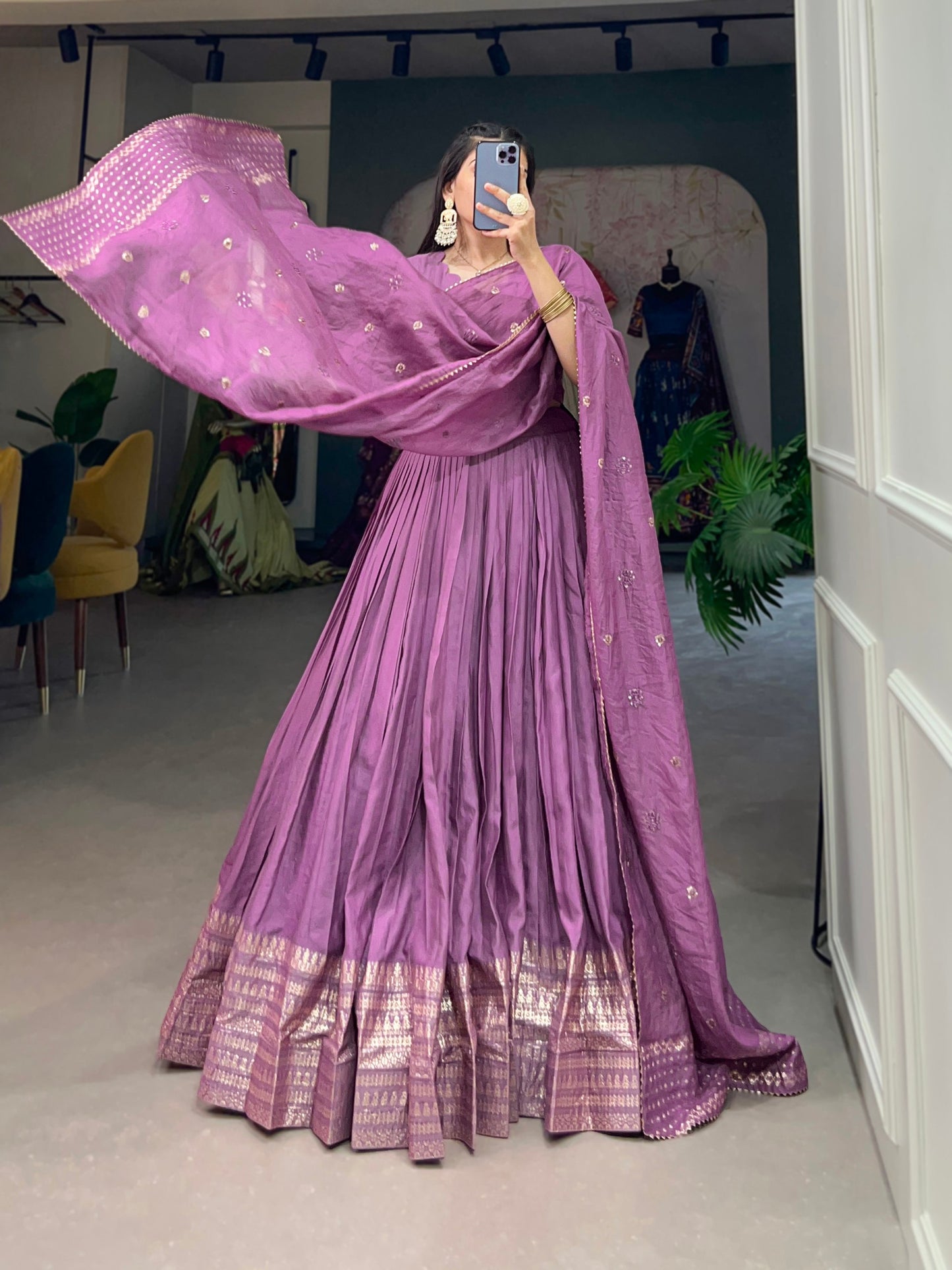 Purple Color Plain With Zari Weaving Work Border Chanderi Traditional Wear Lehenga Choli