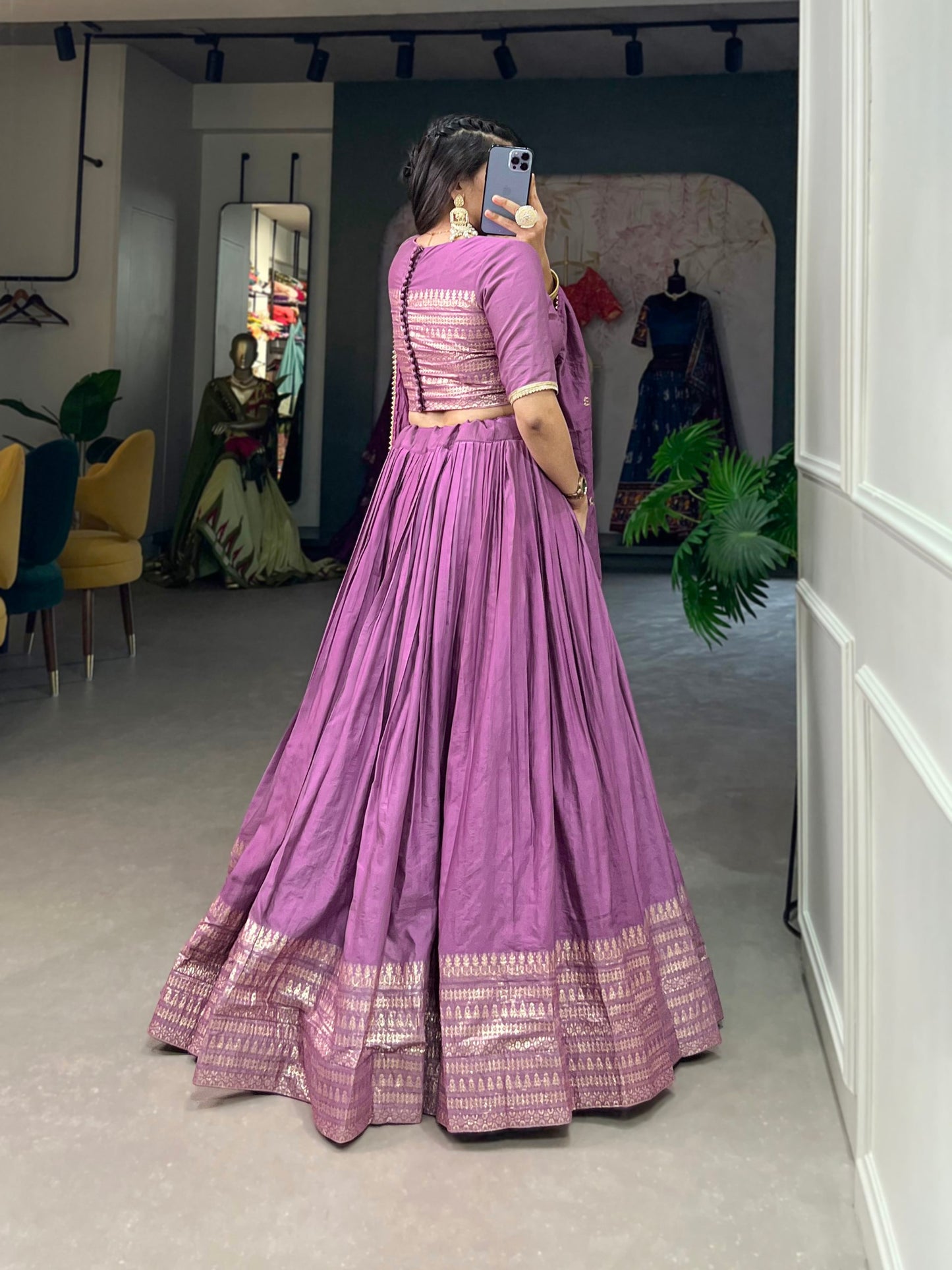 Purple Color Plain With Zari Weaving Work Border Chanderi Traditional Wear Lehenga Choli