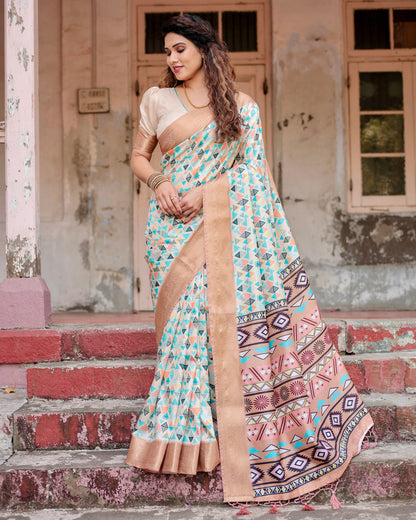 PURE SILK DIGITALLY PRINTED SAREE WEAVED WITH GOLDEN ZARI COMES WITH TASSELS