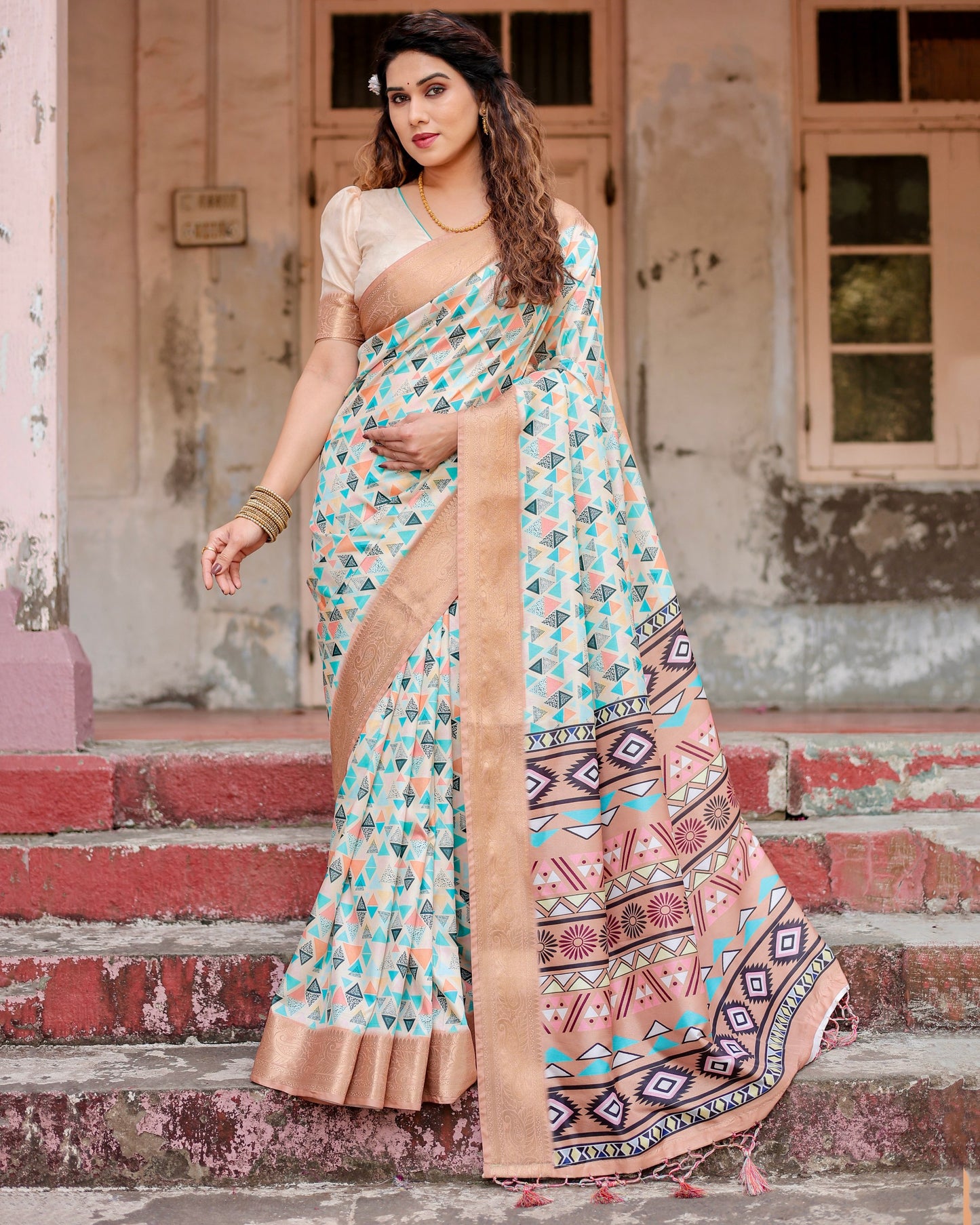 PURE SILK DIGITALLY PRINTED SAREE WEAVED WITH GOLDEN ZARI COMES WITH TASSELS