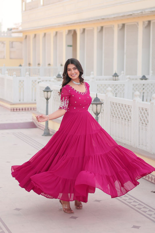 Pink Faux Blooming with Embroidery Zari Sequins Work Gown