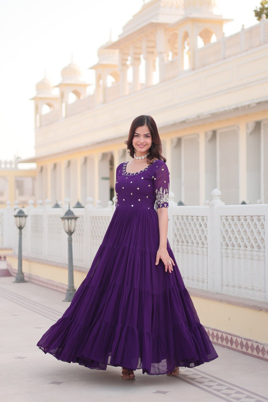 Purple Faux Blooming with Embroidery Zari Sequins Work Gown