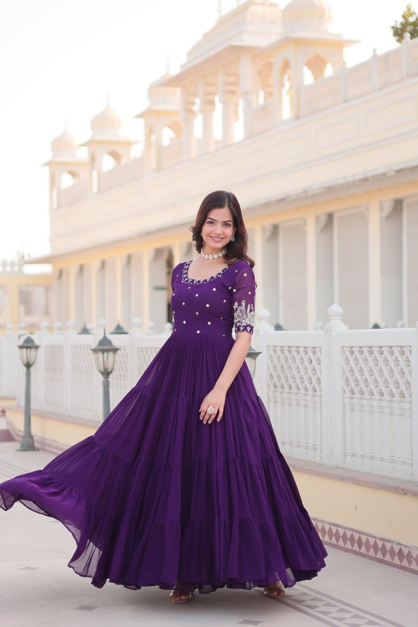 Purple Faux Blooming with Embroidery Zari Sequins Work Gown