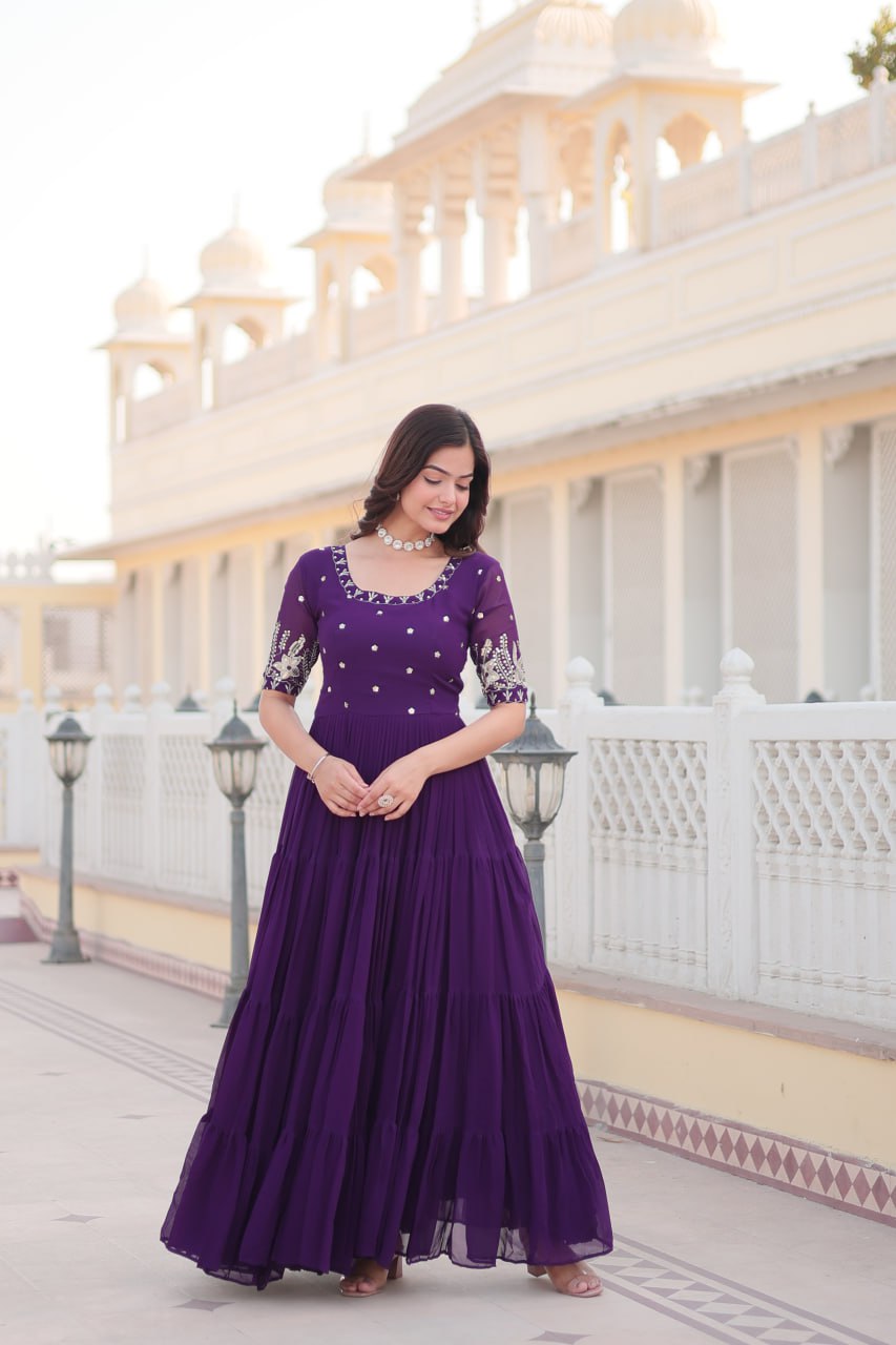 Purple Faux Blooming with Embroidery Zari Sequins Work Gown