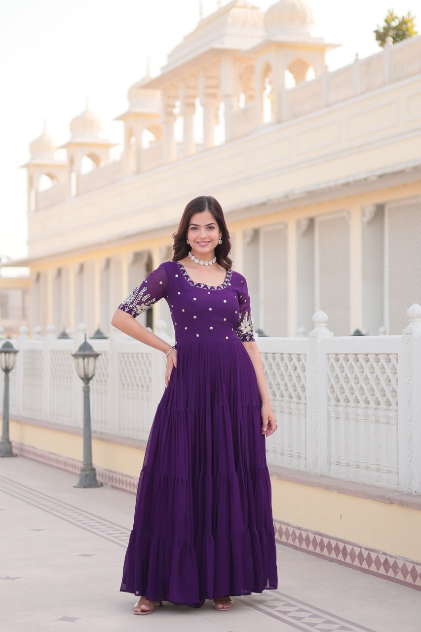 Purple Faux Blooming with Embroidery Zari Sequins Work Gown