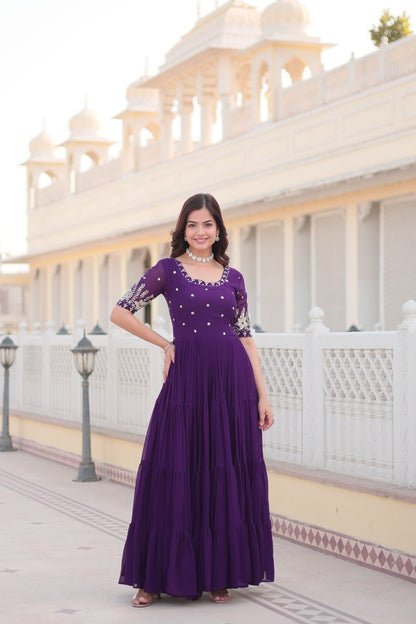 Purple Faux Blooming with Embroidery Zari Sequins Work Gown