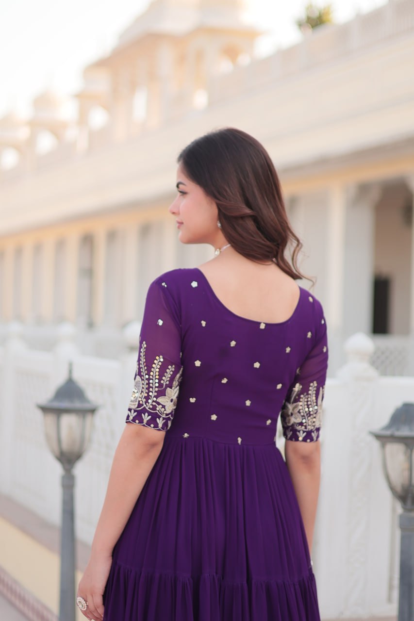 Purple Faux Blooming with Embroidery Zari Sequins Work Gown