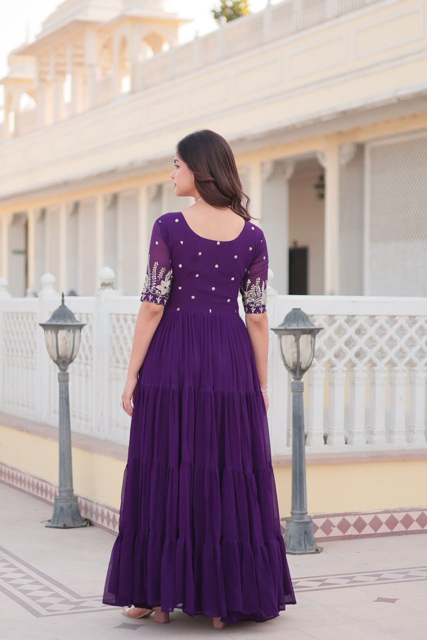 Purple Faux Blooming with Embroidery Zari Sequins Work Gown