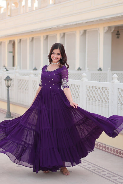 Purple Faux Blooming with Embroidery Zari Sequins Work Gown