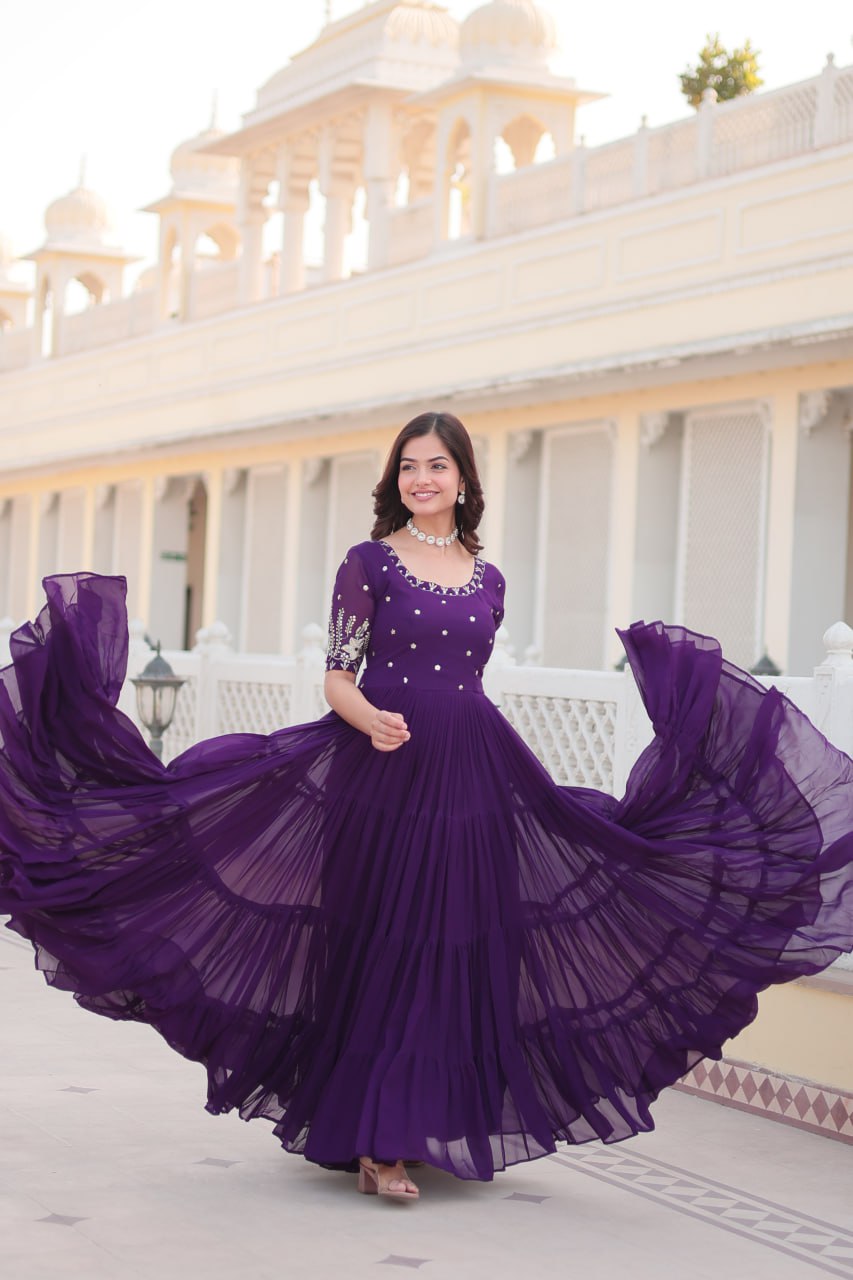 Purple Faux Blooming with Embroidery Zari Sequins Work Gown