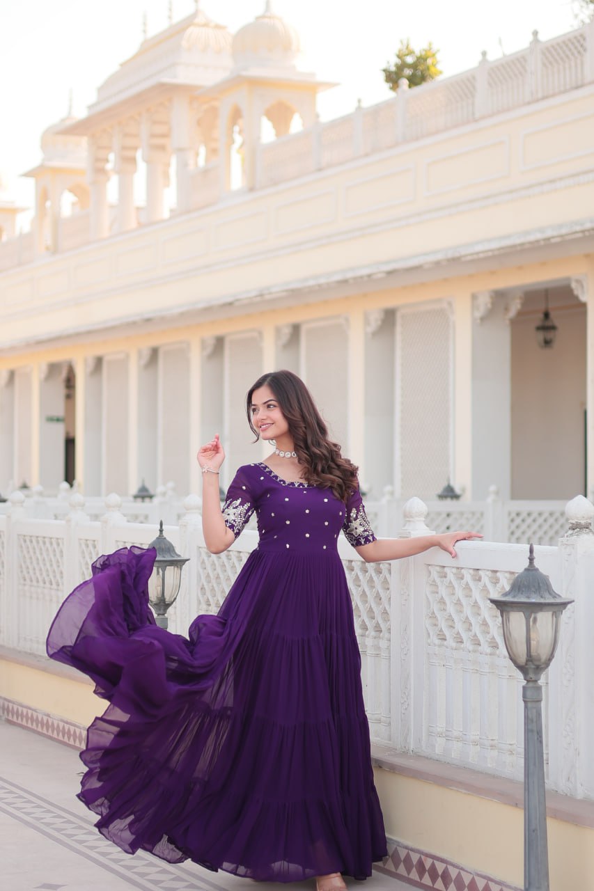 Purple Faux Blooming with Embroidery Zari Sequins Work Gown