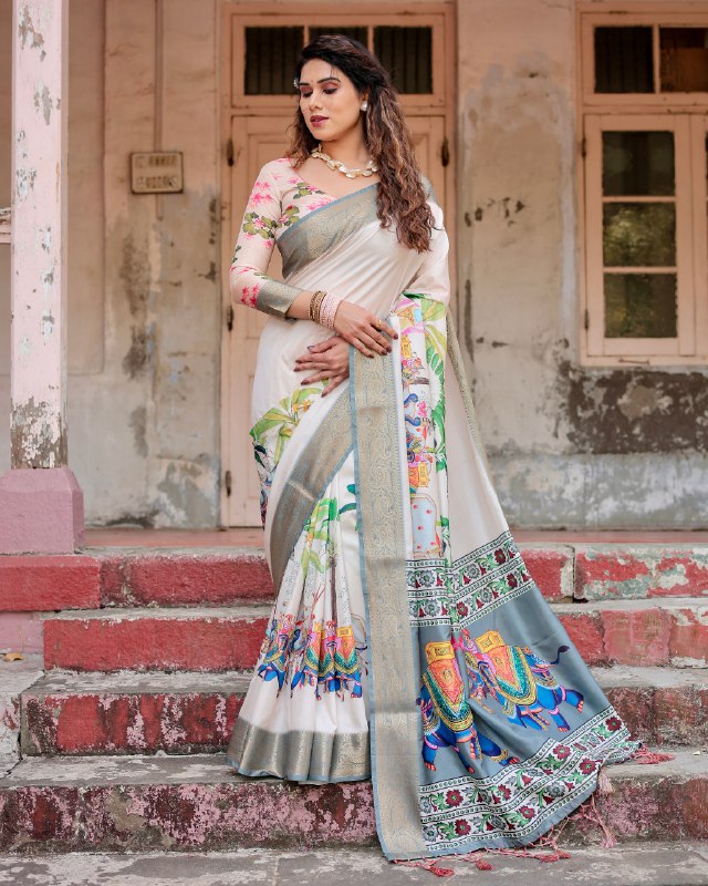 PURE SILK DIGITALLY PRINTED SAREE WEAVED WITH GOLDEN ZARI COMES WITH TASSELS