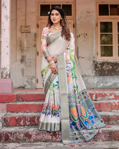 PURE SILK DIGITALLY PRINTED SAREE WEAVED WITH GOLDEN ZARI COMES WITH TASSELS