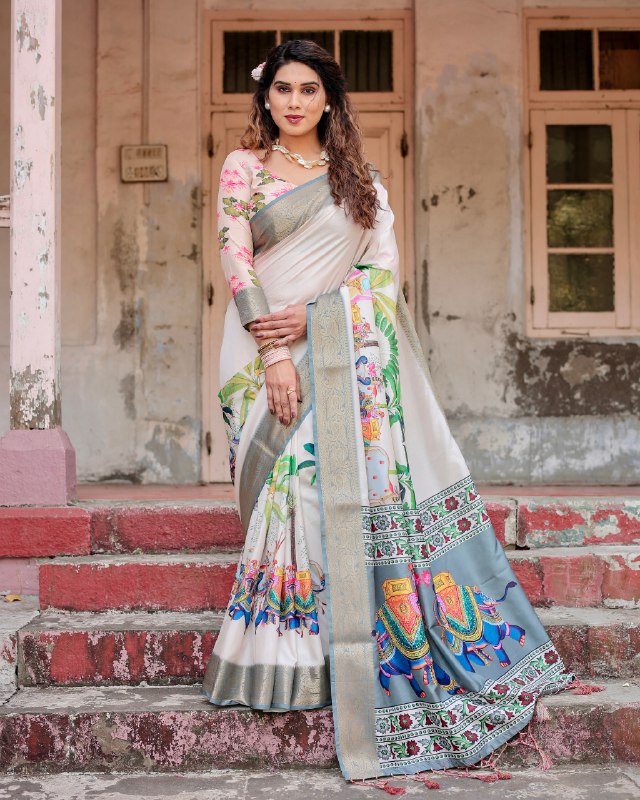 PURE SILK DIGITALLY PRINTED SAREE WEAVED WITH GOLDEN ZARI COMES WITH TASSELS