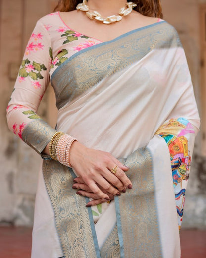 PURE SILK DIGITALLY PRINTED SAREE WEAVED WITH GOLDEN ZARI COMES WITH TASSELS