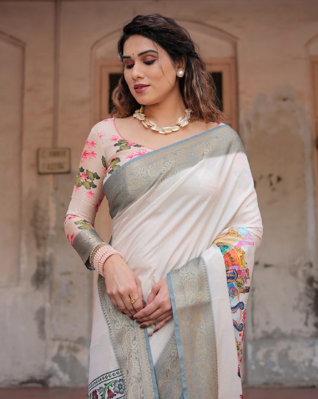 PURE SILK DIGITALLY PRINTED SAREE WEAVED WITH GOLDEN ZARI COMES WITH TASSELS