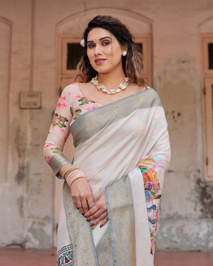 PURE SILK DIGITALLY PRINTED SAREE WEAVED WITH GOLDEN ZARI COMES WITH TASSELS