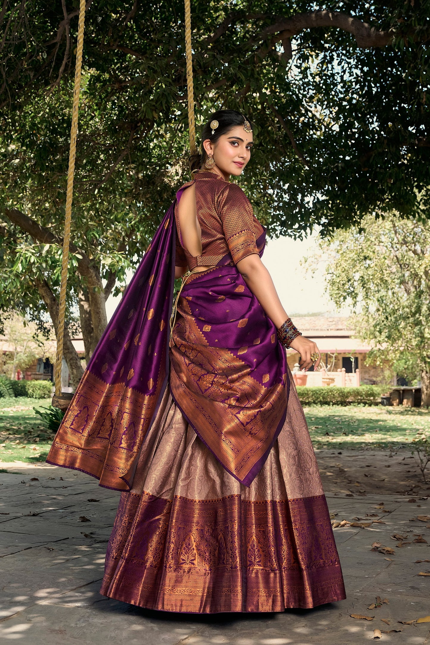 Onion Color Zari Weaving Work Jacquard Silk Lehenga Choli