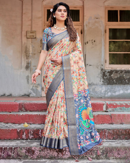 PURE SILK DIGITALLY PRINTED SAREE WEAVED WITH GOLDEN ZARI COMES WITH TASSELS