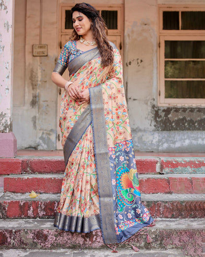 PURE SILK DIGITALLY PRINTED SAREE WEAVED WITH GOLDEN ZARI COMES WITH TASSELS