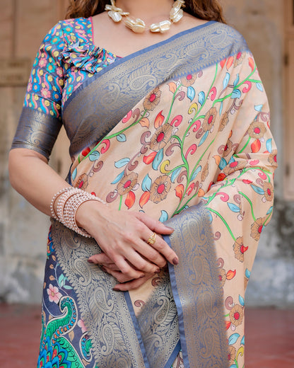 PURE SILK DIGITALLY PRINTED SAREE WEAVED WITH GOLDEN ZARI COMES WITH TASSELS