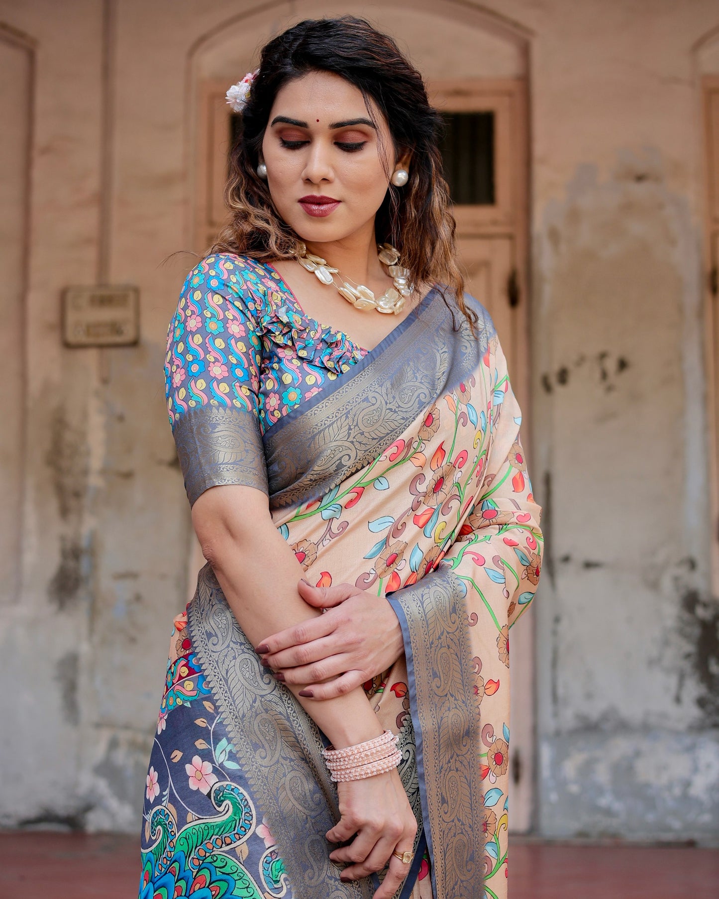 PURE SILK DIGITALLY PRINTED SAREE WEAVED WITH GOLDEN ZARI COMES WITH TASSELS